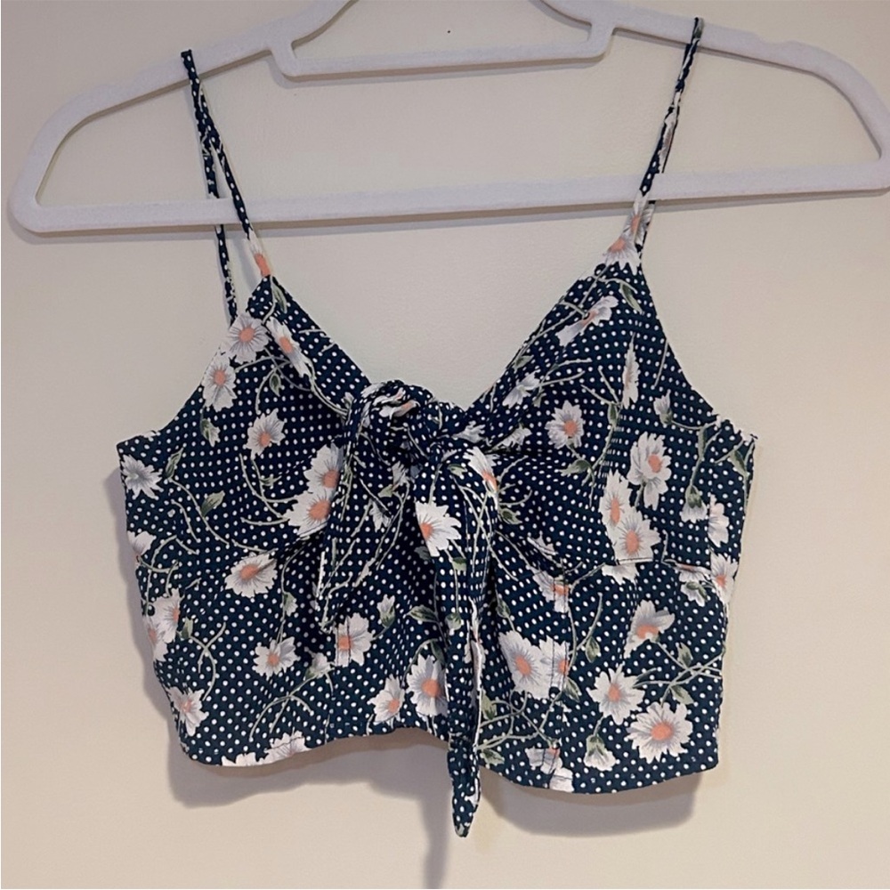 Blue Life Blue Floral Tie Front Tank Top Sz Lg